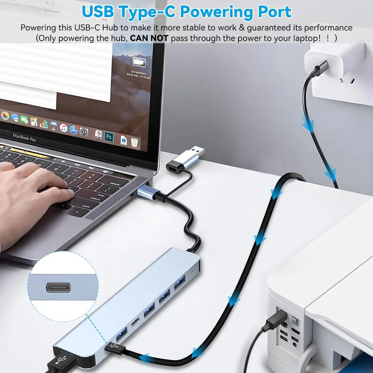 USB C Hub USB Splitter 7 in 1 USB Extender Multiport USB Adapter with 5 USB Ports 1 USB-C 60W PD Charging Port for MacBook Pro