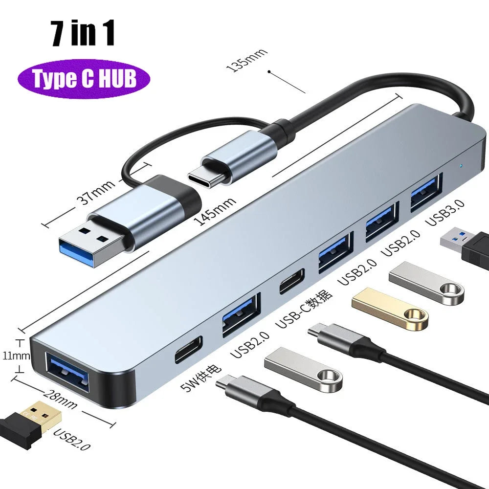 USB C Hub USB Splitter 7 in 1 USB Extender Multiport USB Adapter with 5 USB Ports 1 USB-C 60W PD Charging Port for MacBook Pro